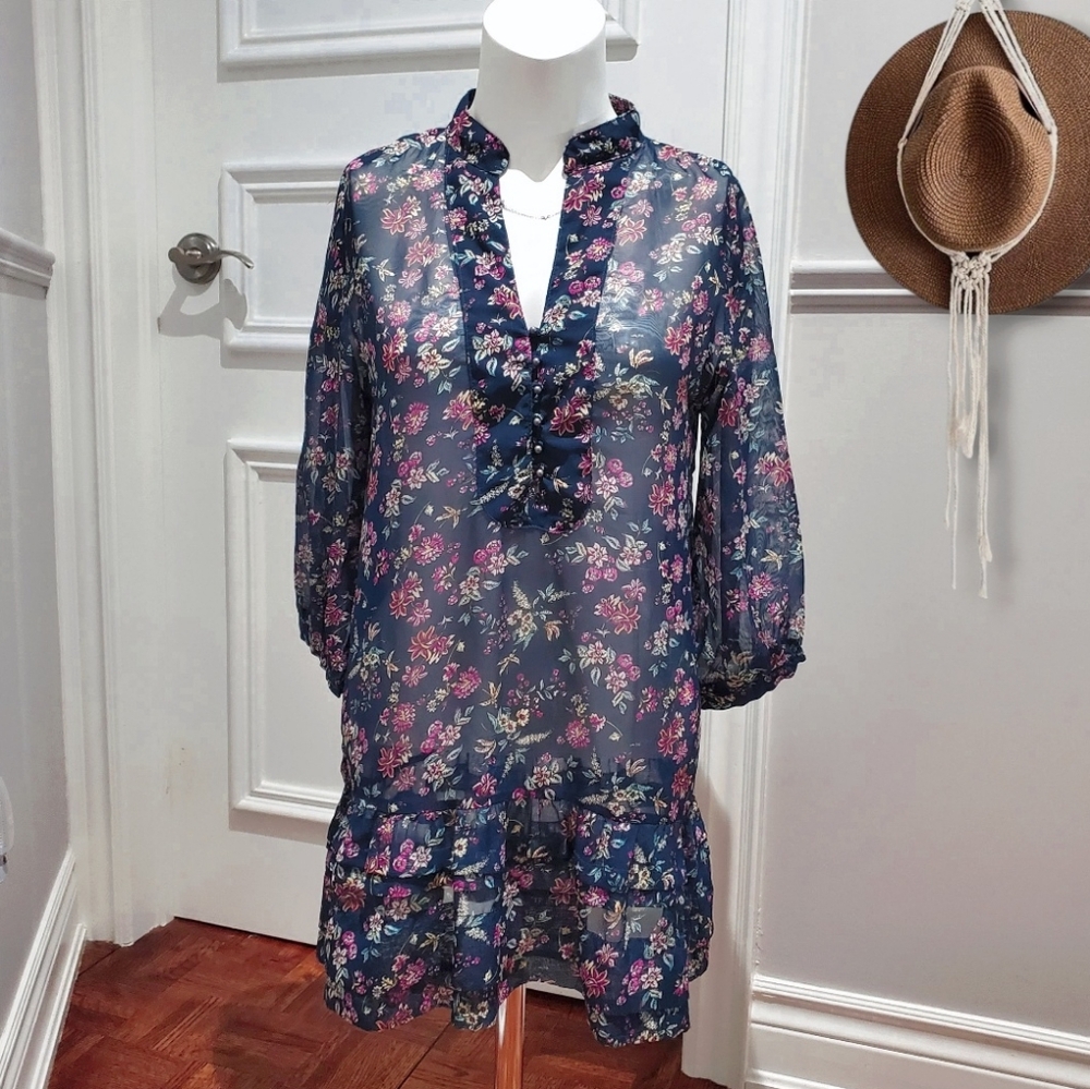Vintage Costa Blanca Blue Floral Sheer Tunic Blouse